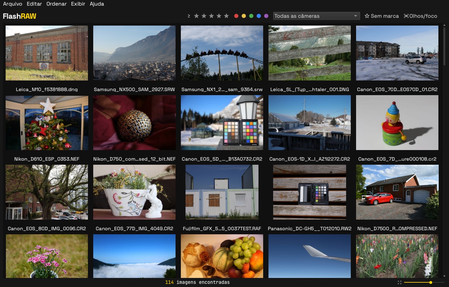 FlashRAW's grid showing a folder of RAW photos from many camera brands