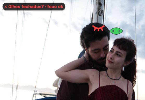 Closed-eye and open-eye marks over a couple’s faces