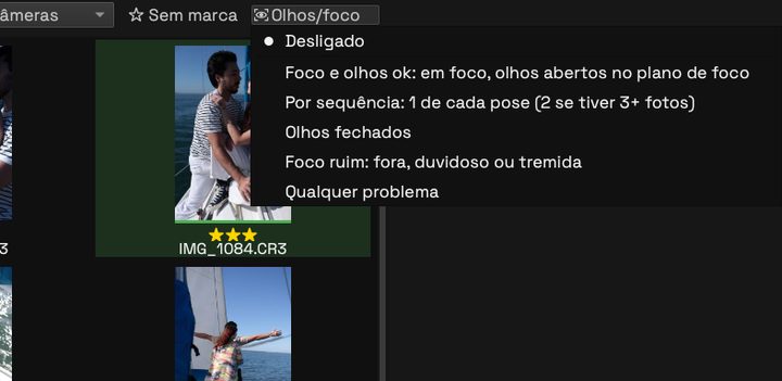 Filter menu with one-per-burst, closed eyes and bad focus options